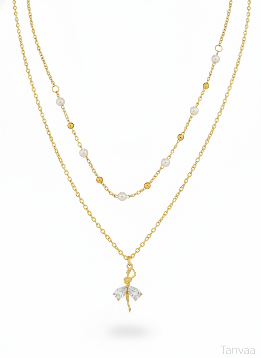 White Crystal Gold-plated anti tarnish Chain for women & girls Necklace Pearl, Cubic Zirconia Gold-plated Plated Stainless Steel Layered