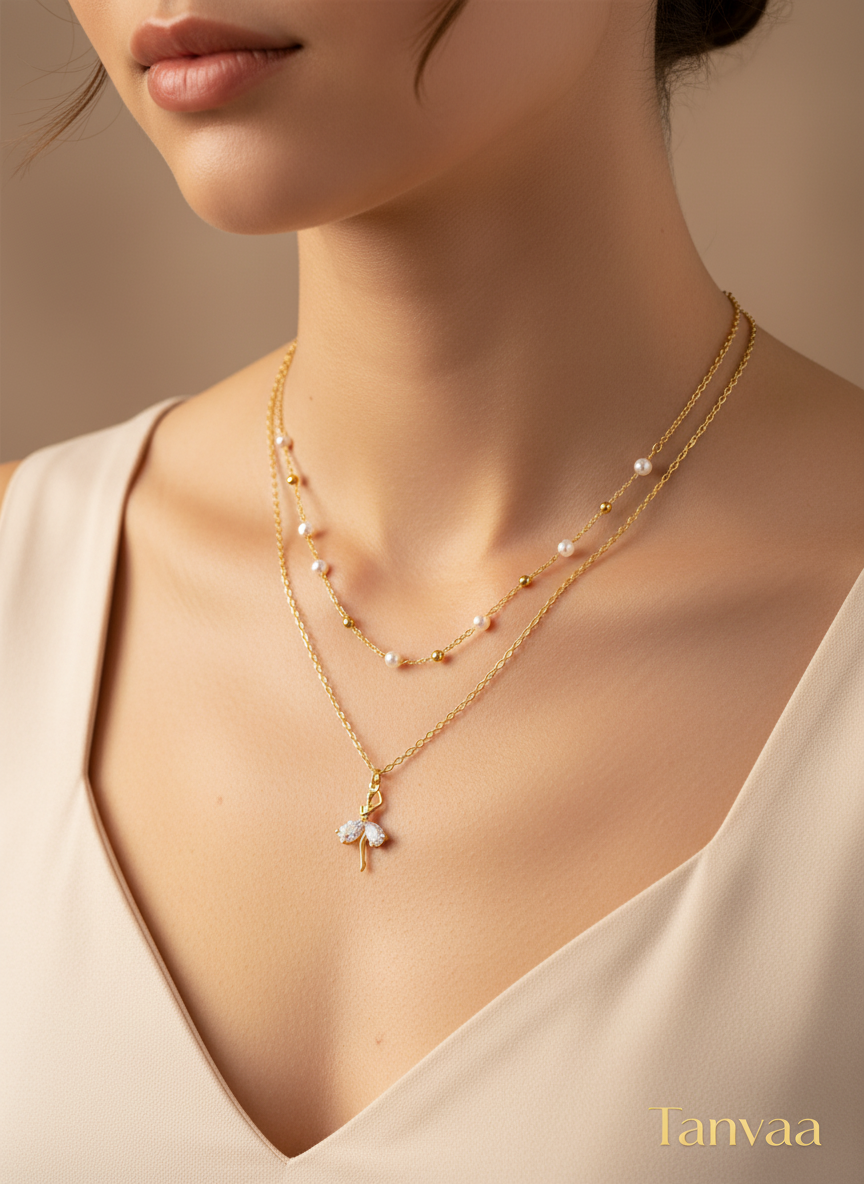 White Crystal Gold-plated anti tarnish Chain for women & girls Necklace Pearl, Cubic Zirconia Gold-plated Plated Stainless Steel Layered