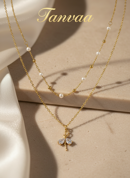 White Crystal Gold-plated anti tarnish Chain for women & girls Necklace Pearl, Cubic Zirconia Gold-plated Plated Stainless Steel Layered
